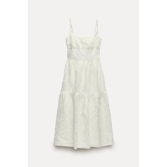 White Zara Jacquard Textured Spaghetti Strap Midi Dress (NWT) - Picture 6 of 11